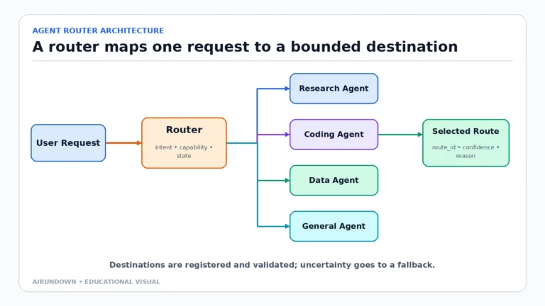 A user request enters an agent router that can select a research agent, coding agent, data agent, or general agent.