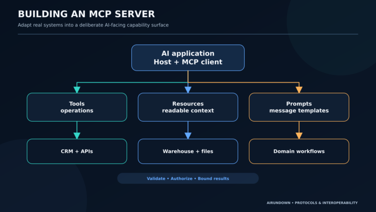 Building an MCP server architecture connecting databases, APIs, and files to tools, resources, and prompts used by an MCP client and AI application.