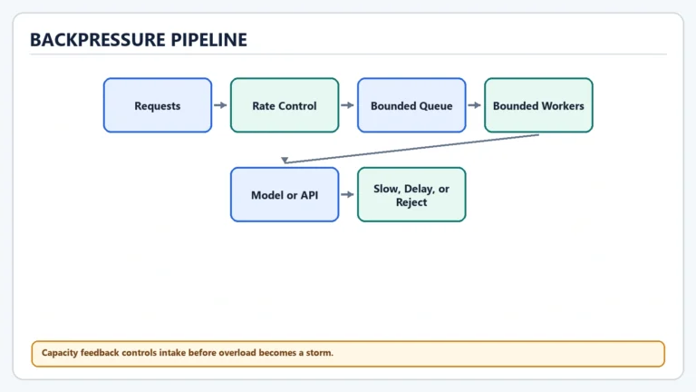 Backpressure Pipeline diagram: Requests, Rate Control, Bounded Queue, Bounded Workers, Model or API, Slow, Delay, or Reject