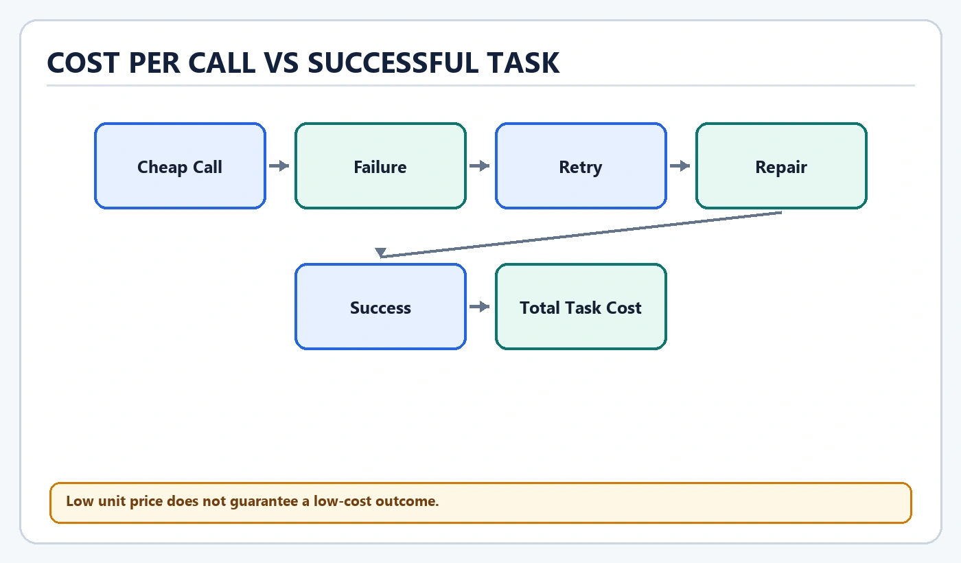 Cost Per Call Vs Successful Task diagram: Cheap Call, Failure, Retry, Repair, Success, Total Task Cost