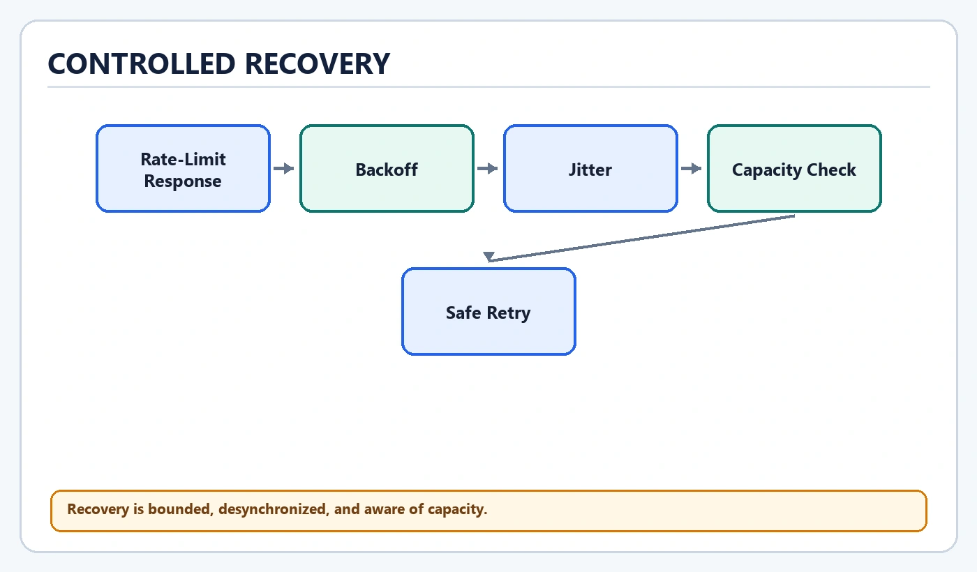 Controlled Recovery diagram: Rate-Limit Response, Backoff, Jitter, Capacity Check, Safe Retry
