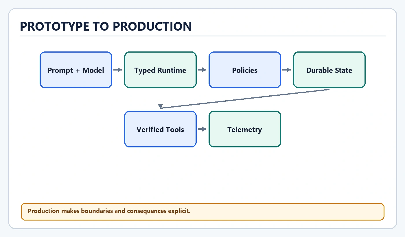 Prototype To Production diagram: Prompt + Model, Typed Runtime, Policies, Durable State, Verified Tools, Telemetry