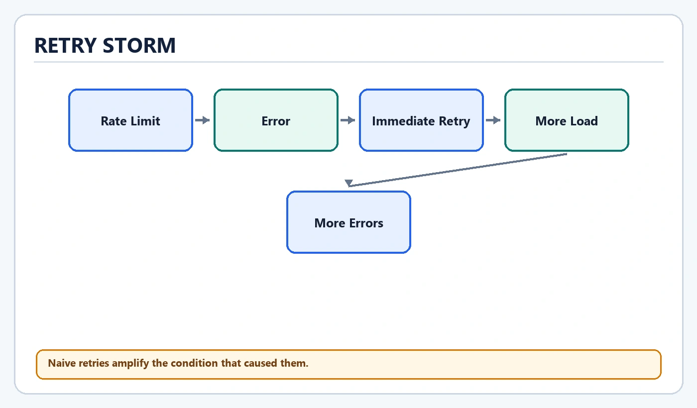 Retry Storm diagram: Rate Limit, Error, Immediate Retry, More Load, More Errors