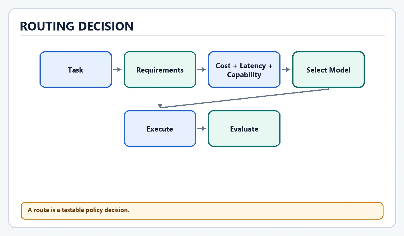 Routing Decision diagram: Task, Requirements, Cost + Latency + Capability, Select Model, Execute, Evaluate