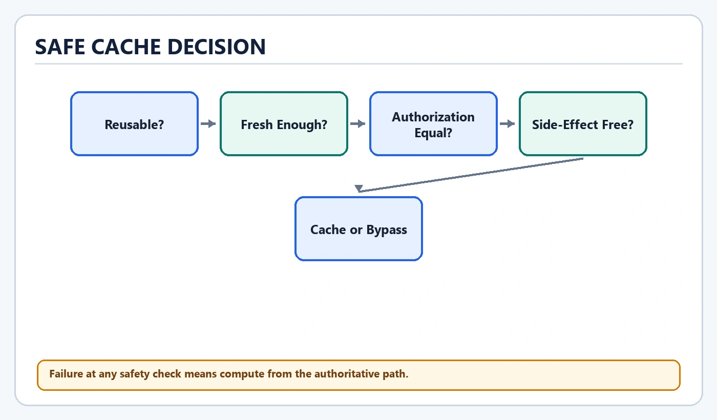 Safe Cache Decision diagram: Reusable?, Fresh Enough?, Authorization Equal?, Side-Effect Free?, Cache or Bypass